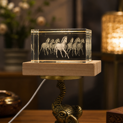 7 Horses 3D Crystal with LED Wooden Base | Symbol of Progress & Success